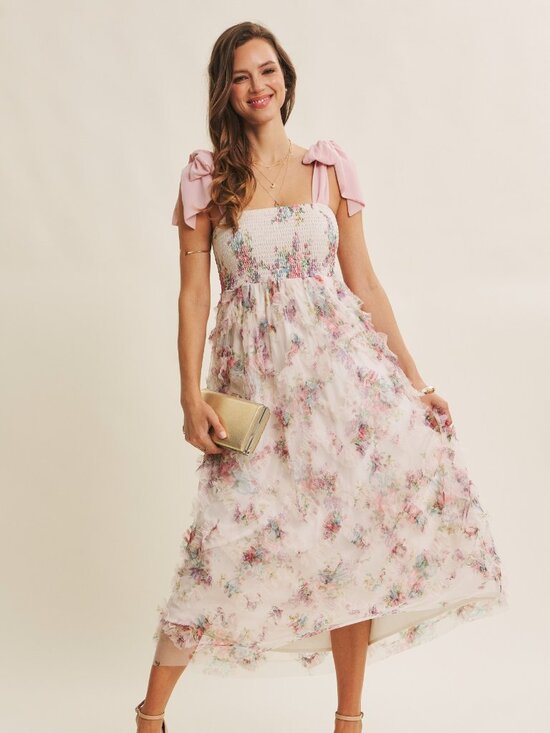 In February Dresses & Skirts - Textured Floral Smocked Midi Dress Tie Straps